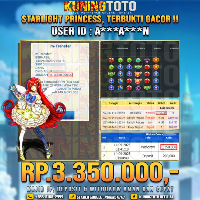 Bukti JP Slot Member KUNING TOTO14 September 2023 Starlight Princess