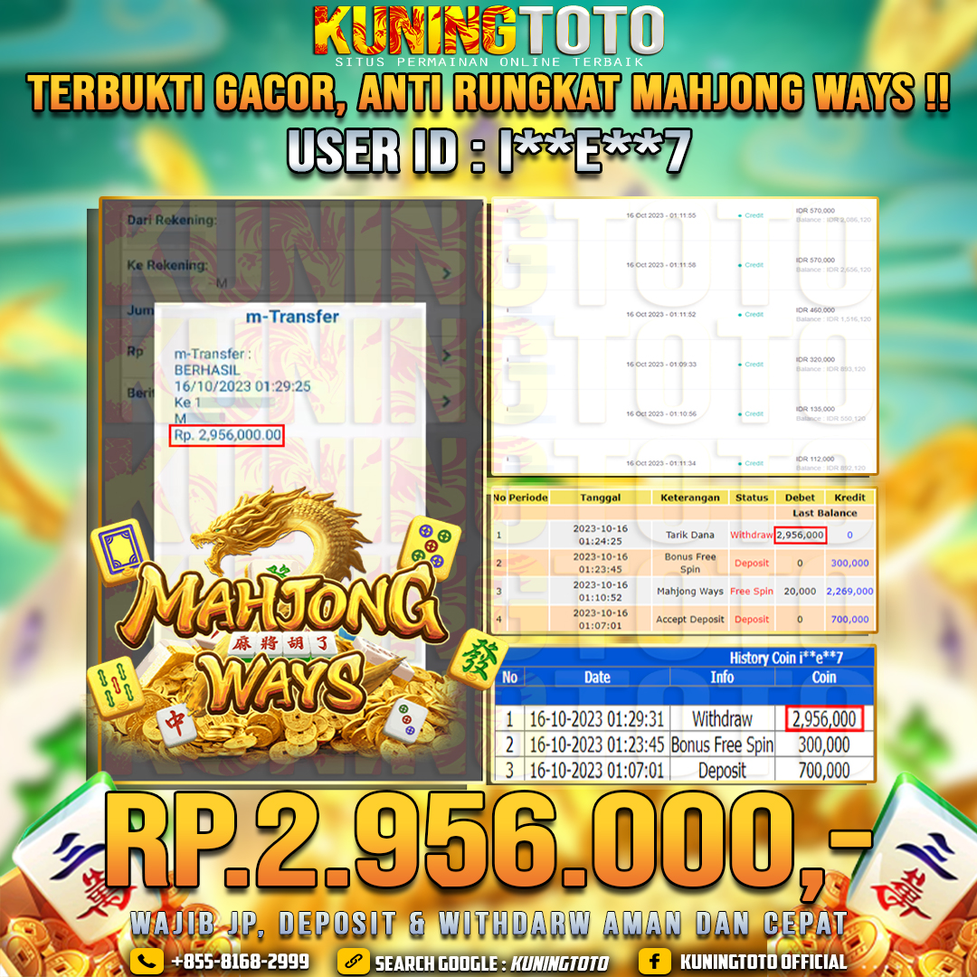 Bukti JP Slot Member KUNING TOTO 16 Oktober 2023 Mahjong Ways