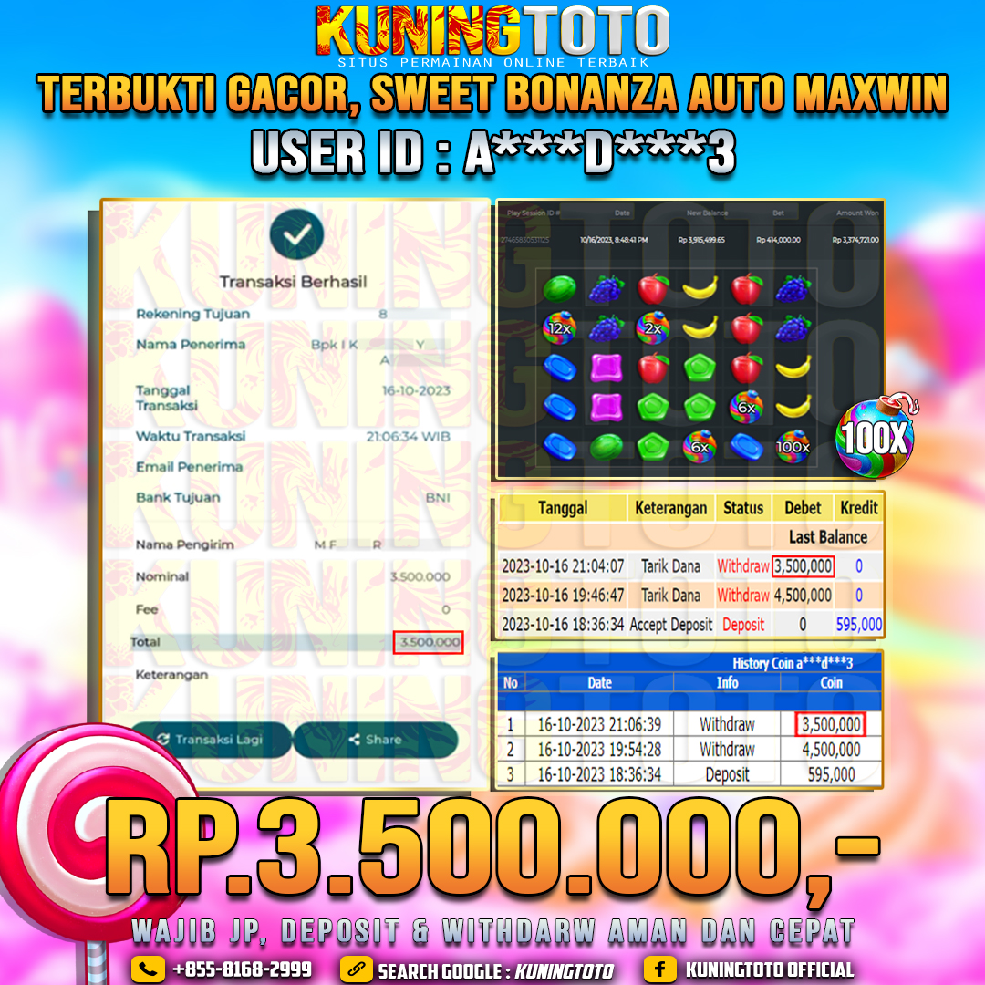 Bukti JP Slot Member KUNING TOTO 16 Oktober 2023 Sweet Bonanza