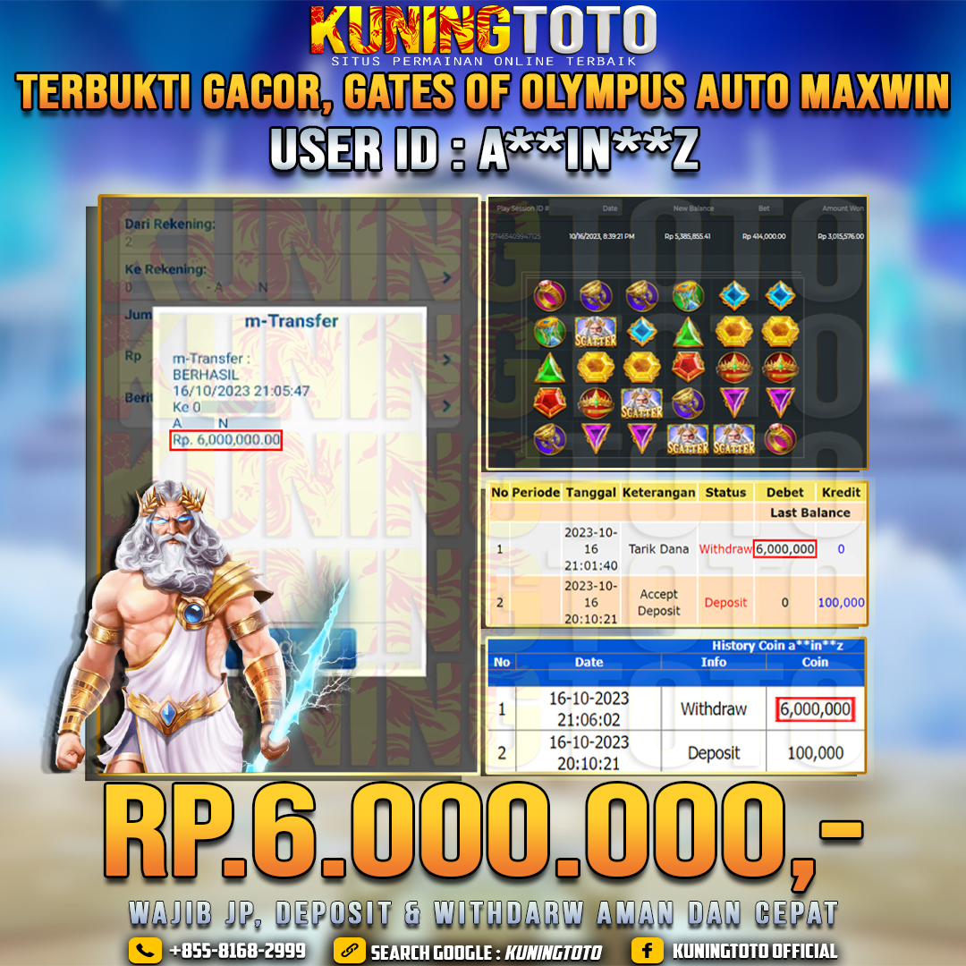 Bukti JP Slot Member KUNING TOTO 16 Oktober 2023 Gates Of Olympus Auto Maxwin