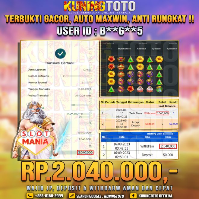 Bukti JP Slot Member KUNING TOTO 16 September 2023 Slot Mania Olympus