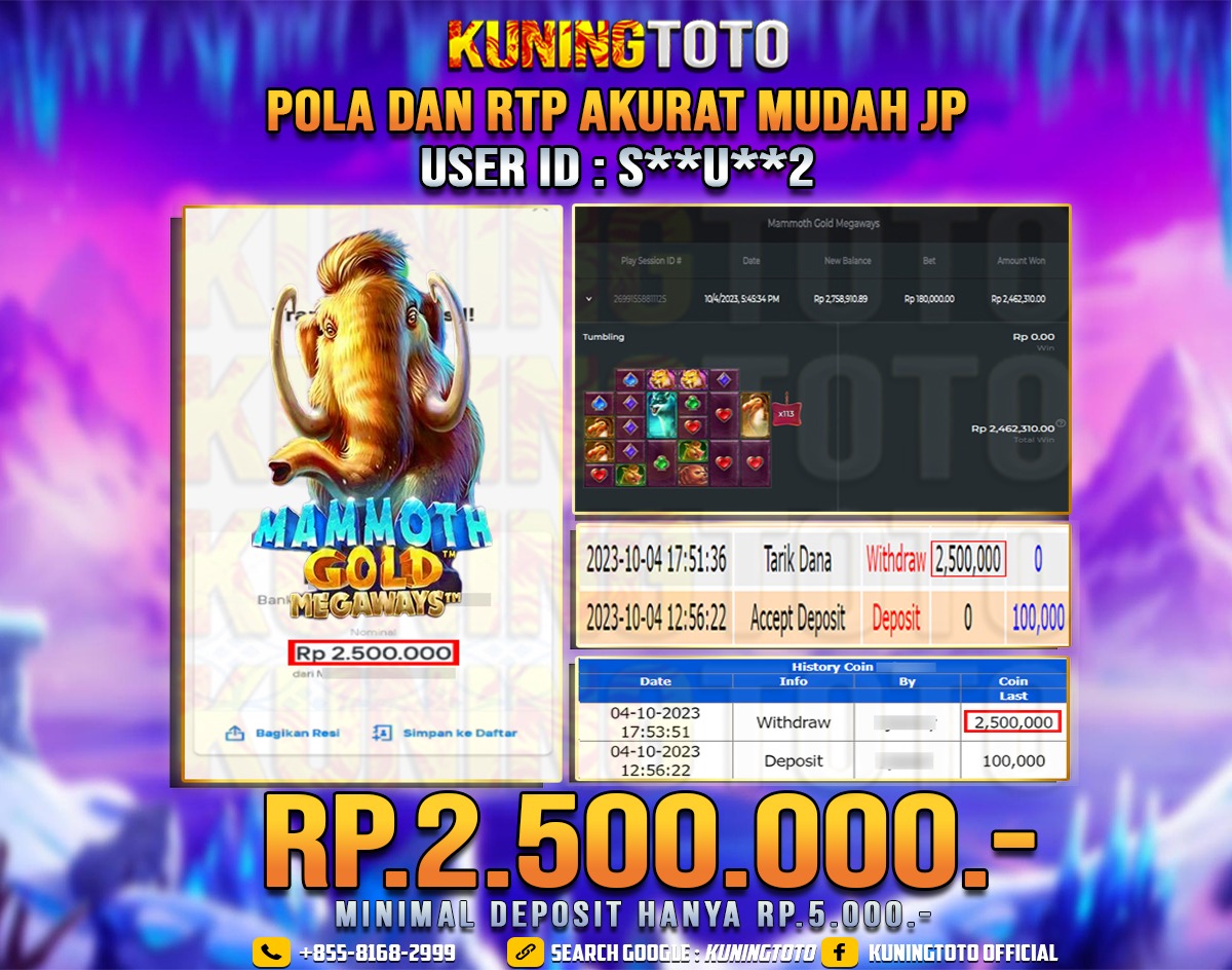 Bukti JP Slot Member KUNING TOTO 04 Oktober 2023 Mammoth Gold Megaways