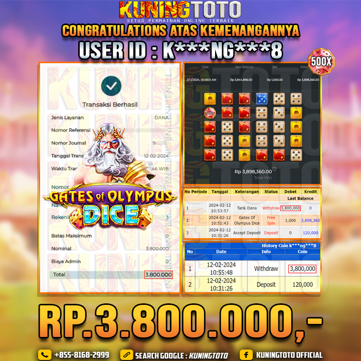 Bukti JP Slot Kuning toto 12 Febuari 2024 Gate Of Olympus Dice