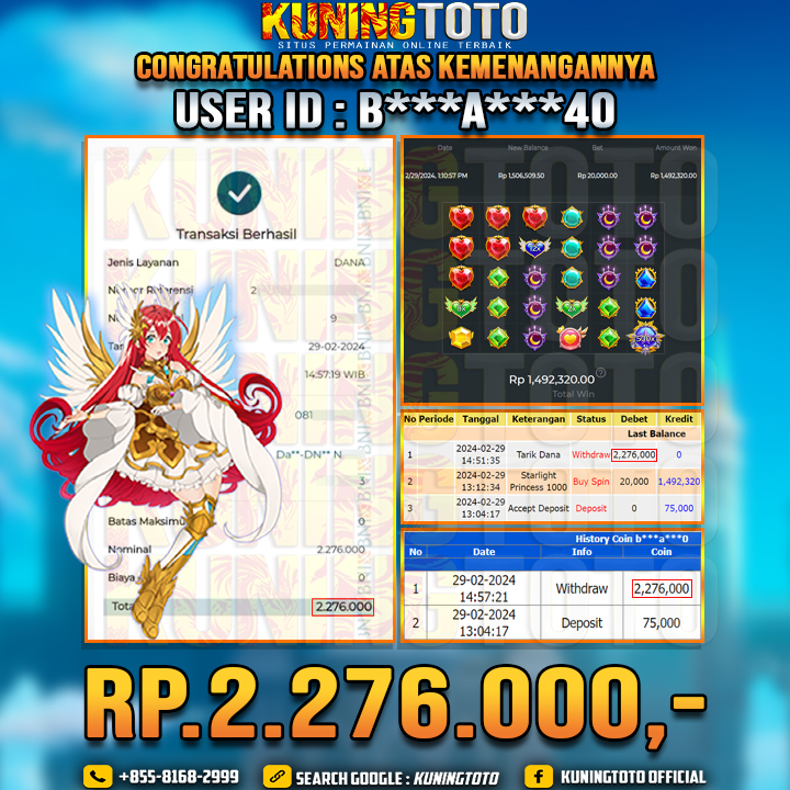 Bukti JP Slot Kuning toto 29 Febuari 2024 Starlight Princess x1000