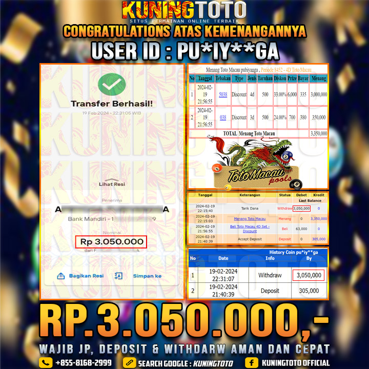 Bukti JP Togel KUNING TOTO 19 Februari 2024 Toto Macau 3D 4D