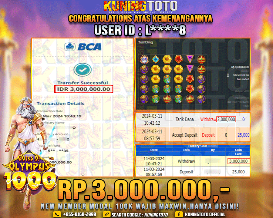 Bukti JP Slot Kuning toto 11 Maret 2024 Gate of Olympus x1000