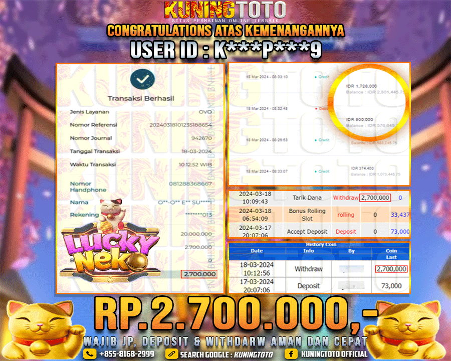 Bukti JP Slot Kuning toto 18 Maret 2024 Lucky Neko