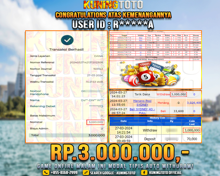 Bukti JP Togel KUNING TOTO 27 Maret 2024 Sidney 4d 3d 2d