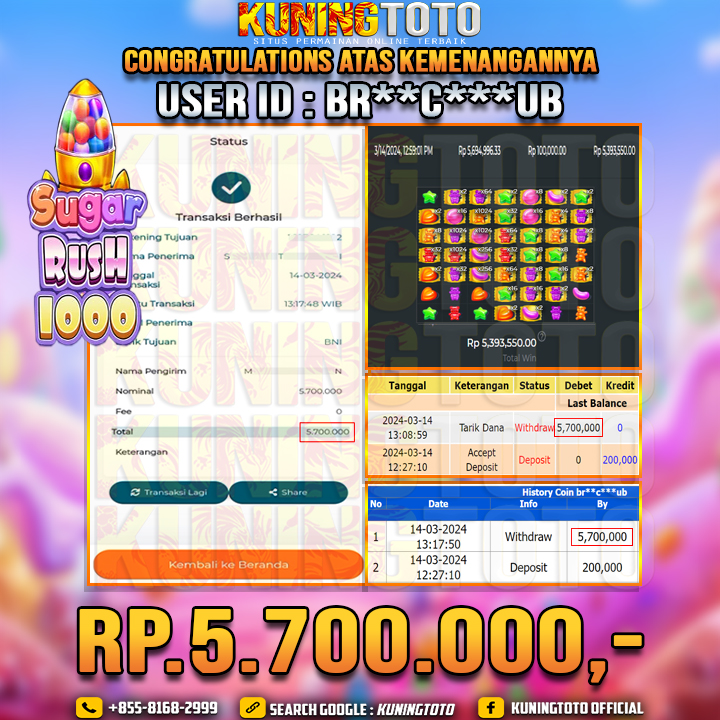 Bukti JP Slot Kuning toto 13 Maret 2024 Sugar Rush 1000