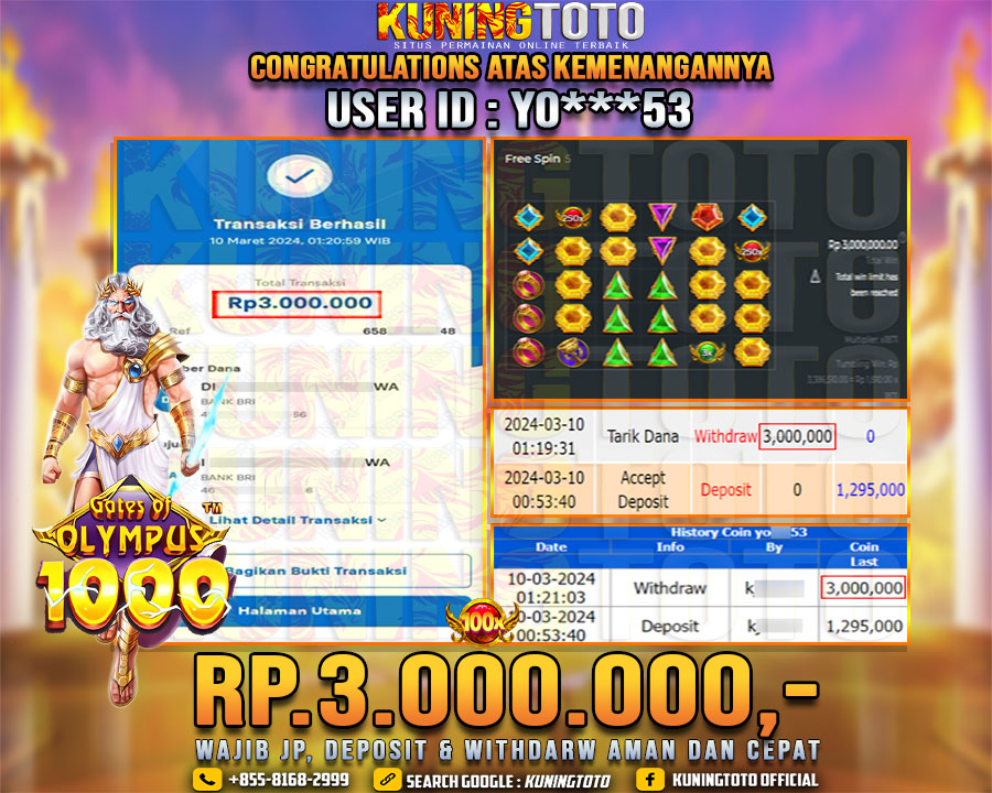 Bukti JP Slot Kuning toto 10 Maret 2024 Gate Of Olympus x1000