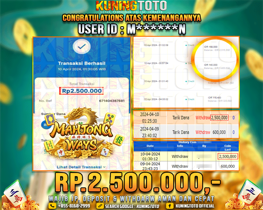 Bukti JP Slot Kuning toto 10 April 2024 Mahjong ways 2