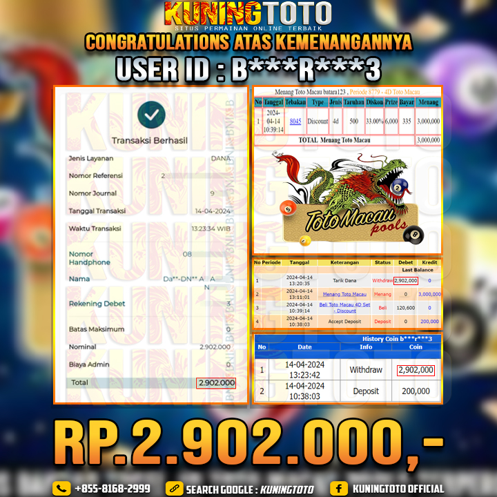 Bukti JP Togel KUNING TOTO 14 April 2024 Totomacau 4D