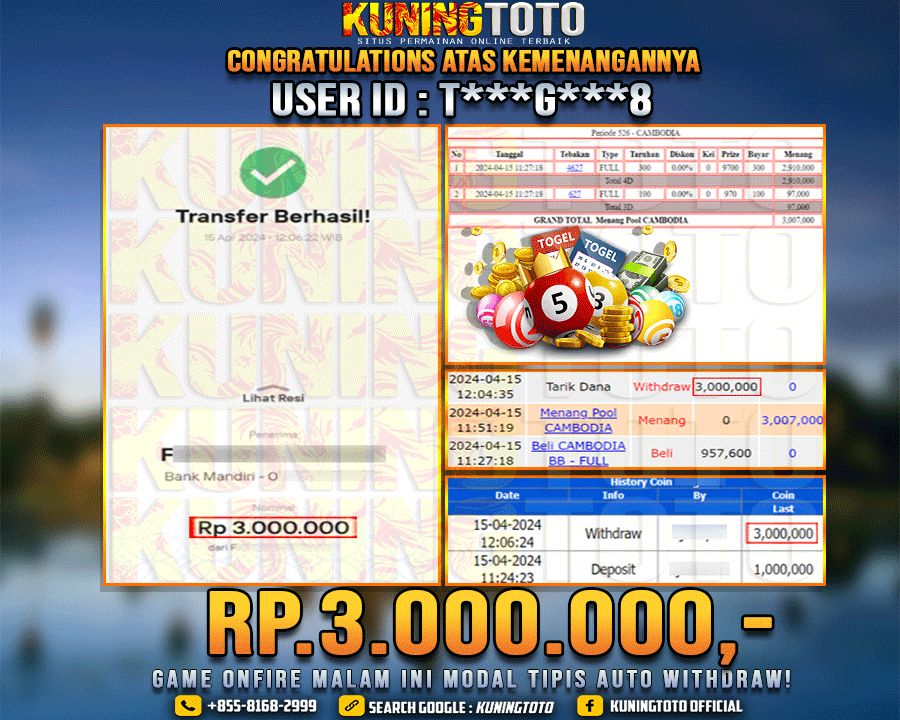 Bukti JP Togel KUNING TOTO 15 April 2024 Cambodia 4D 3D