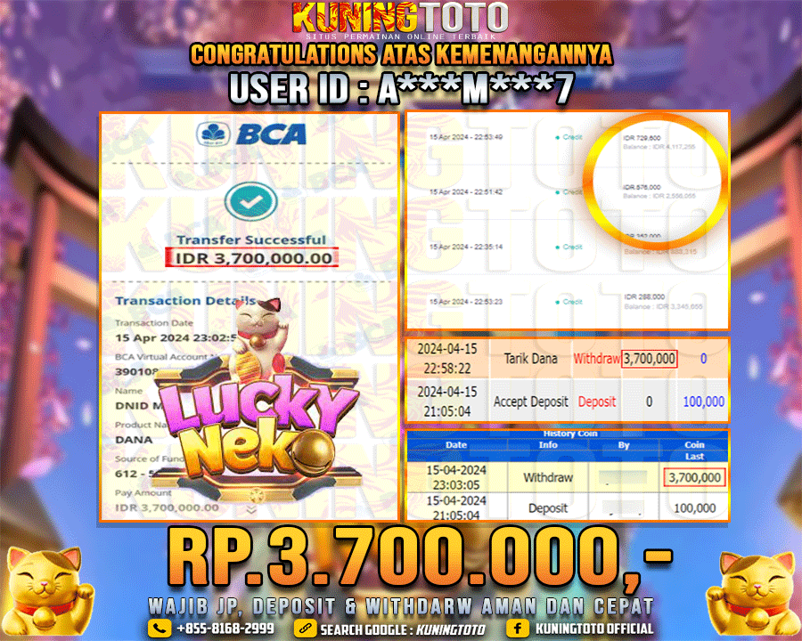 Bukti JP Slot Kuning toto 15 April 2024 Lucky Neko