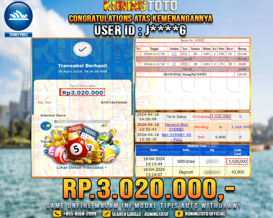 Bukti JP Togel KUNING TOTO 18 April 2024 Sidney 4D 3D 