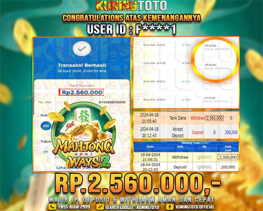 Bukti JP Slot Kuning toto 18 April 2024 Mahjong ways 2