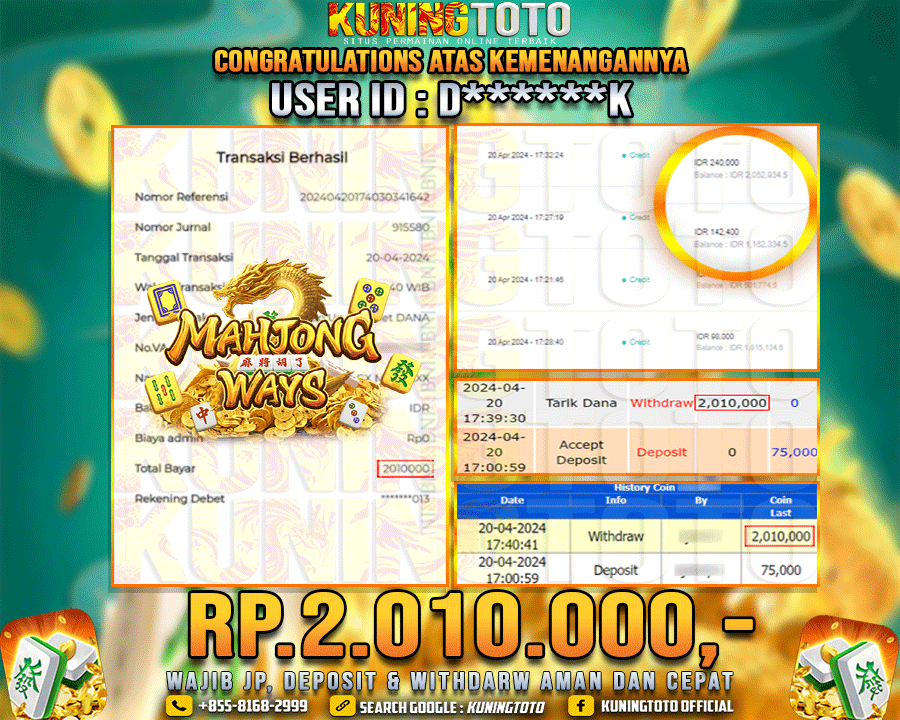 Bukti JP Slot Kuning toto 20 April 2024 Mahjong Ways 2