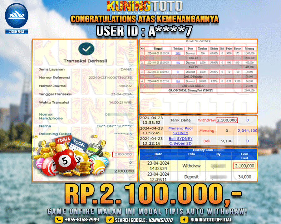 Bukti JP Togel KUNING TOTO 23 April 2024 Sidney 4D 3D 2D