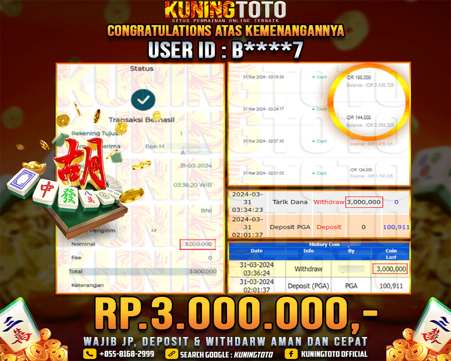 Bukti JP Slot Kuning toto 31 Maret 2024 Mahjong ways 1