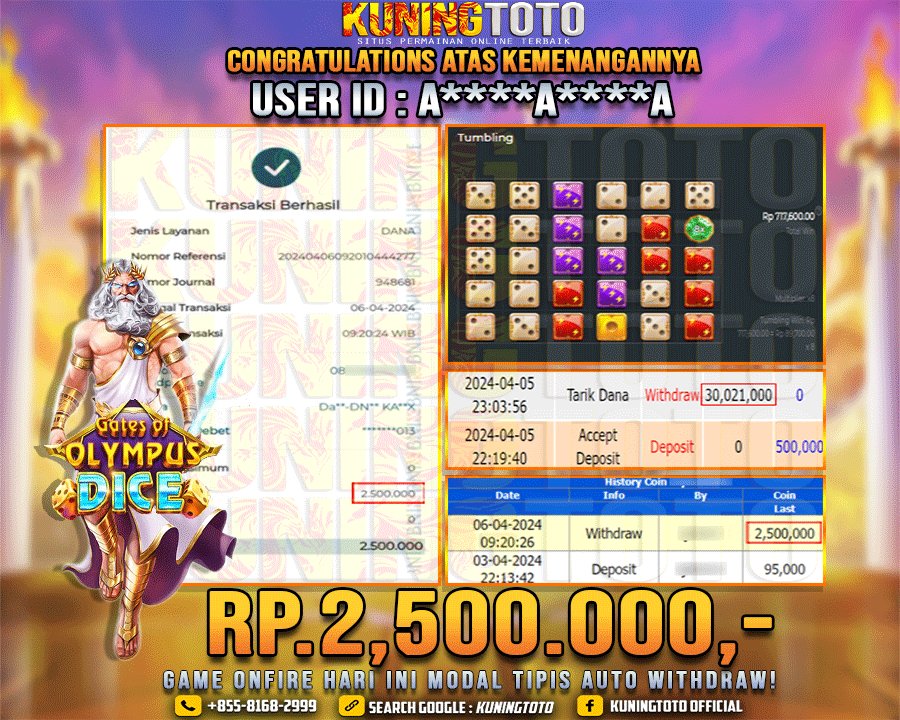 Bukti JP Slot Kuning toto 06 April 2024 Gate of Olympus Dice