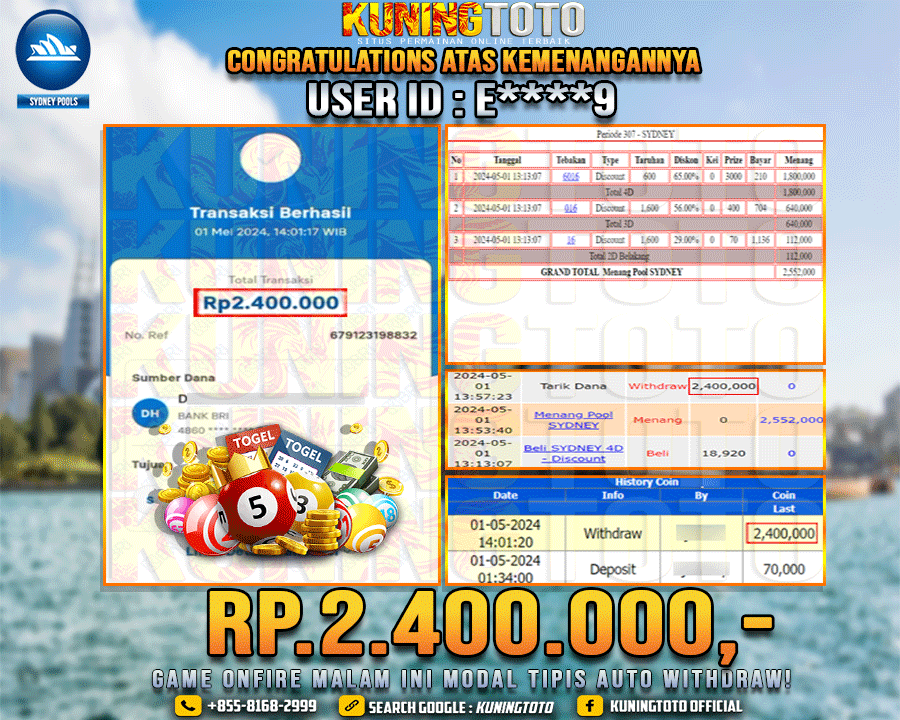 Bukti JP Togel KUNING TOTO 01 Mey 2024 Sidney 4D 3D 2D