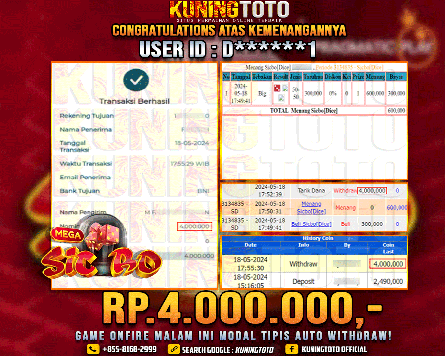 Bukti JP Live casino Kuning toto 18 May 2024 Sic bo Dice