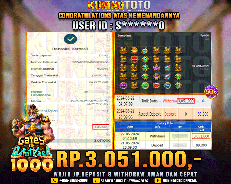 Bukti JP Slot Kuning toto 22 May 2024 Gate of Gatotkaca x1000