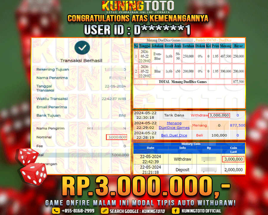 Bukti JP Live casino Kuning toto 22 May 2024 Duel Dice