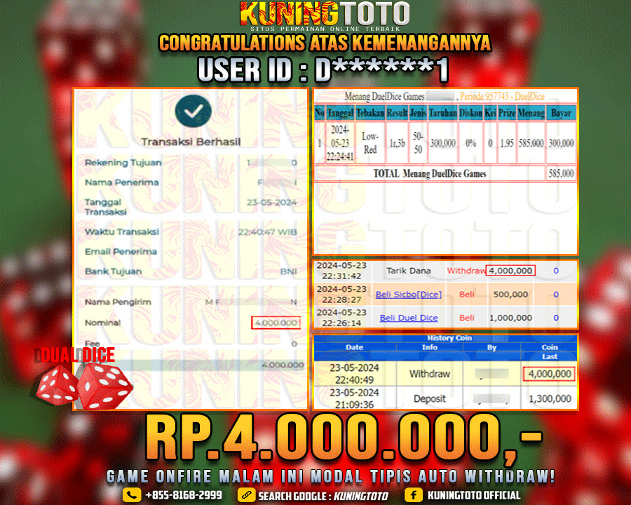 Bukti JP Live casino Kuning toto 23 May 2024 Duel Dice