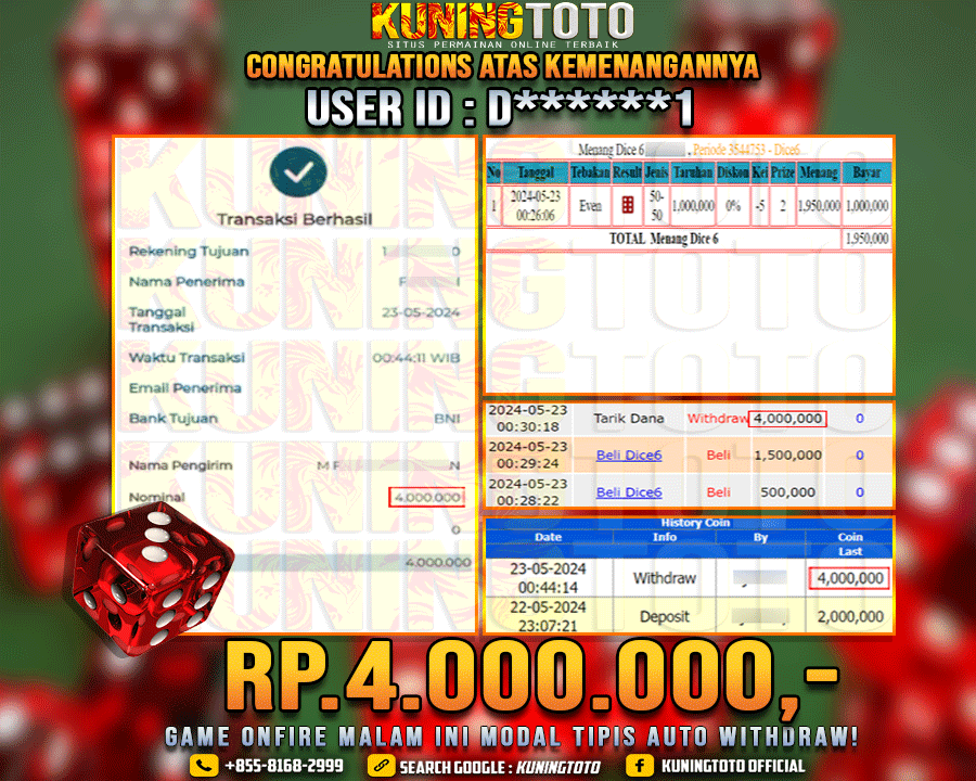 Bukti JP Live casino Kuning toto 23 May 2024 Dice 6