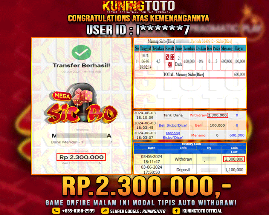 Bukti JP Live casino Kuning toto 03 June 2024 Sic bo Dice