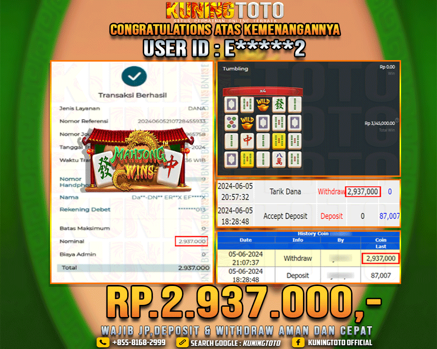 Bukti JP Slot Kuning toto 05 June 2024 Mahjong wins