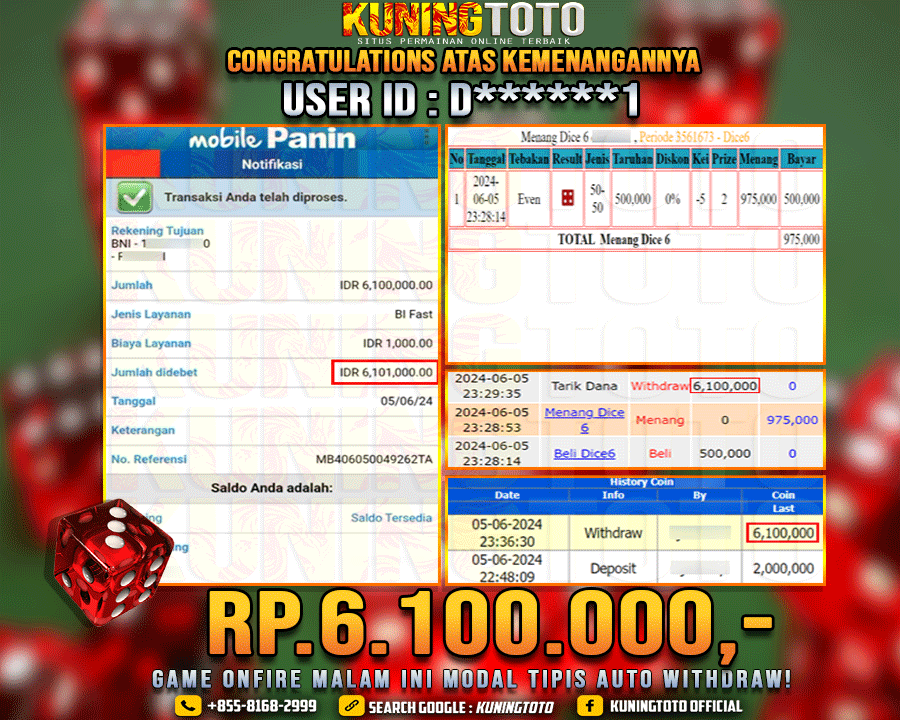 Bukti JP Live casino Kuning toto 05 June 2024 Dice 6