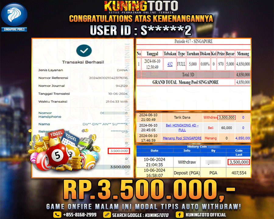 Bukti JP Togel KUNING TOTO 10 June 2024 Singapore 3D