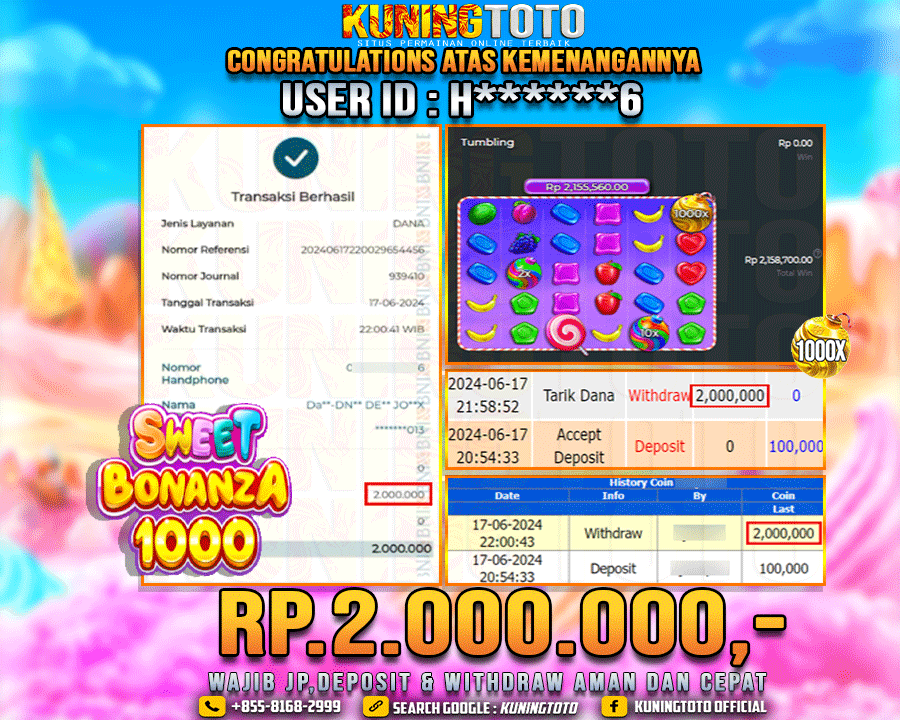 Bukti JP Slot Kuning toto 17 June 2024 Sweet Bonanza 1000