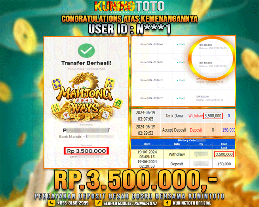 Bukti JP Slot Kuning toto 19 June 2024 Mahjong ways 2