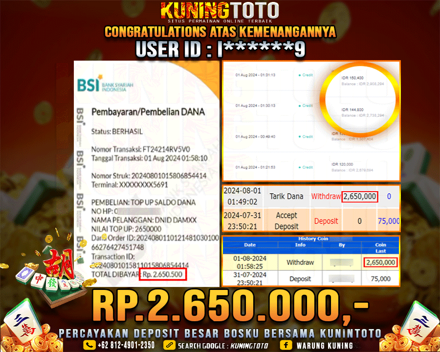 Bukti JP Slot Kuning toto 01 August 2024 Mahjong ways 1