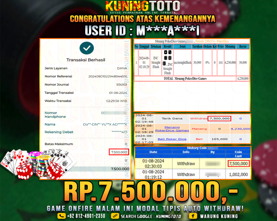 Bukti JP Live casino Kuning toto 01 August 2024 PokerDice