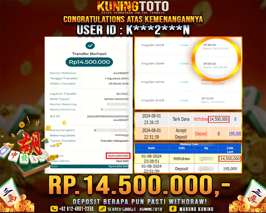 Bukti JP Slot Kuning toto 01 August 2024 Mahjong ways 1