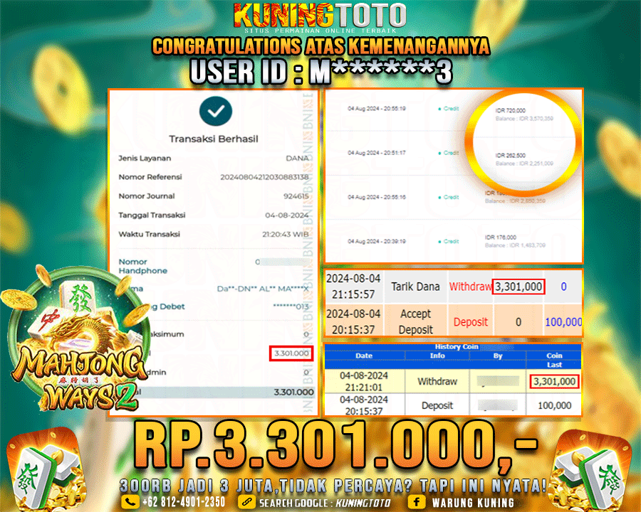 Bukti JP Slot Kuning toto 04 August 2024 Mahjong ways 2