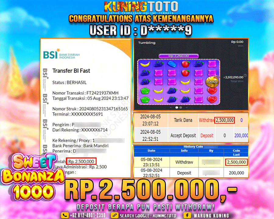 Bukti JP Slot Kuning toto 05 Agustus 2024 Sweet Bonanza 1000