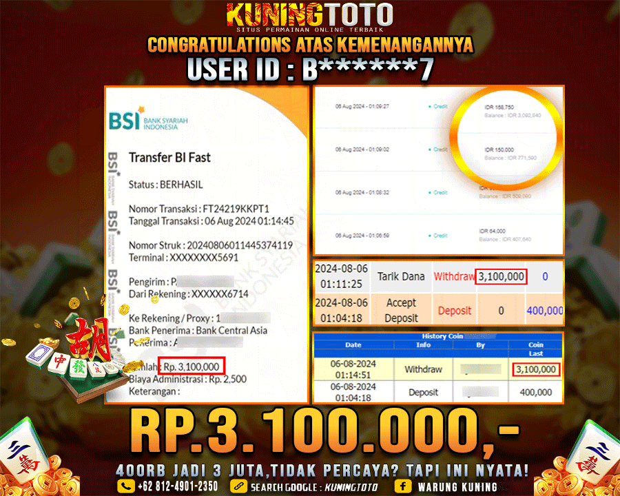 Bukti JP Slot Kuning toto 06 August 2024 Mahjong ways 1