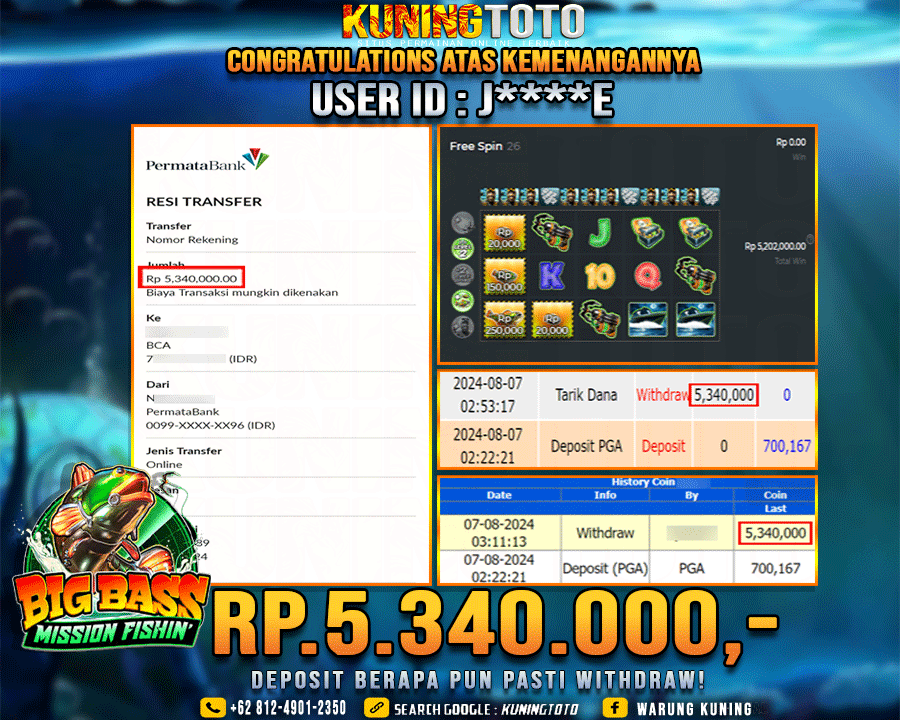 Bukti JP Slot Kuning toto 07 August 2024 BigBass Mission Fishin