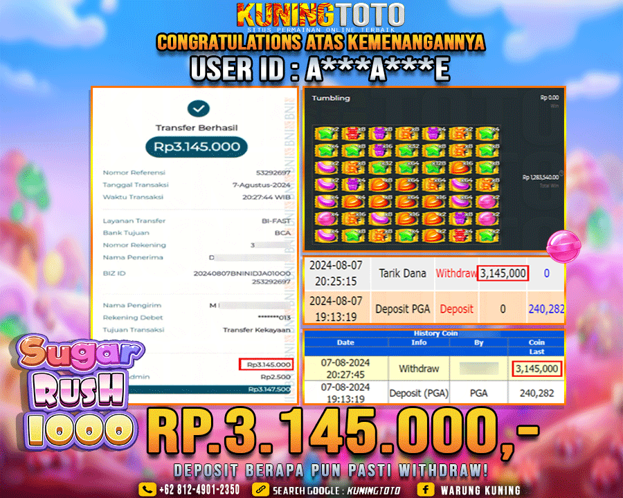 Bukti JP Slot Kuning toto 07 Agustus 2024 Sugar rush 1000