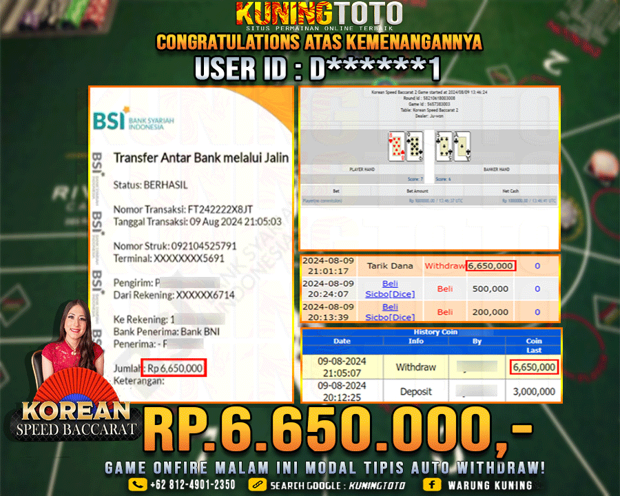 Bukti JP Live casino Kuning toto 09 August 2024 Korean Speed Baccarat