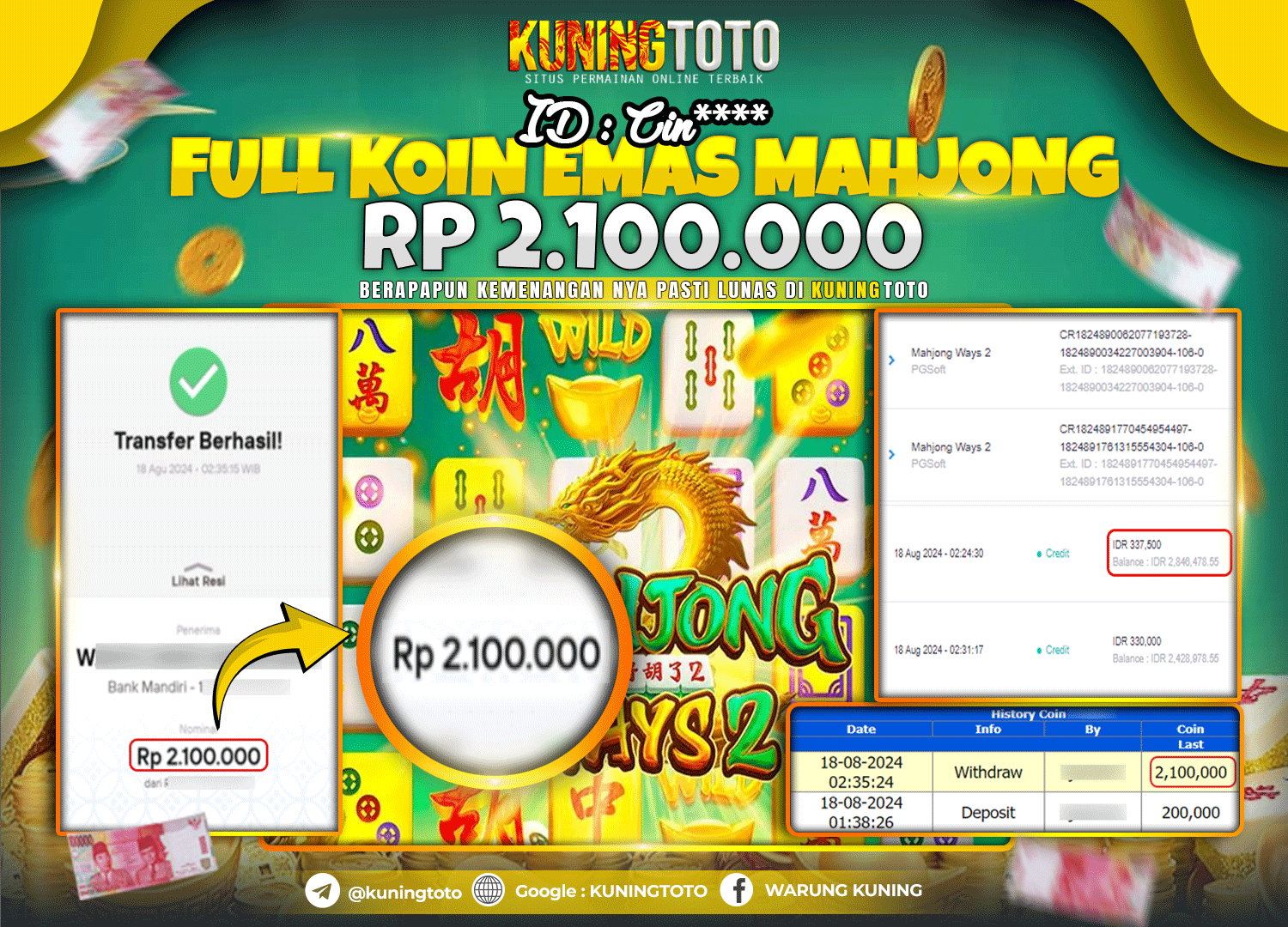 Bukti JP Slot Pgsoft Kuning toto 18 August 2024 Mahjong Ways 2