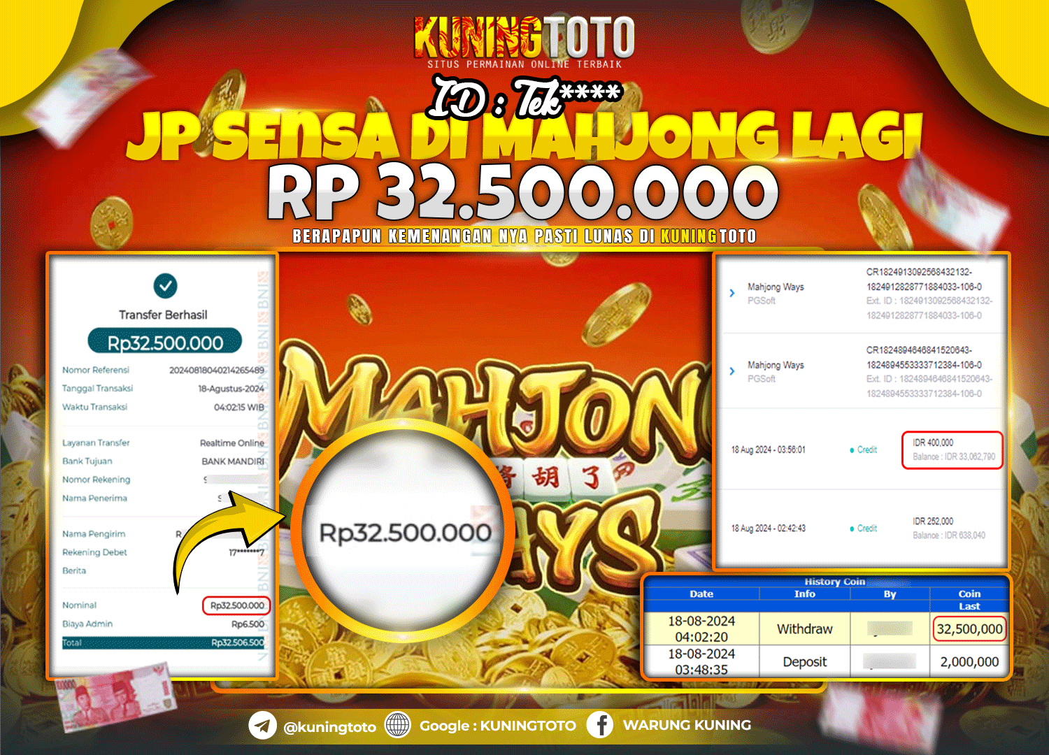 Bukti JP Slot Pgsoft Kuning toto 18 August 2024 Mahjong Ways