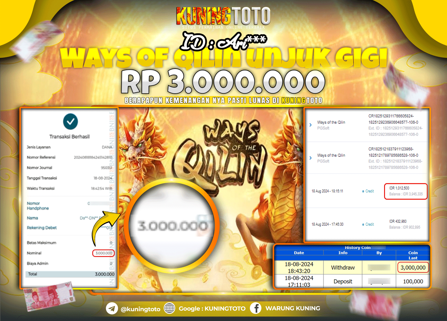 Bukti JP Slot Pgsoft Kuning toto 18 August 2024 Ways of Qilin