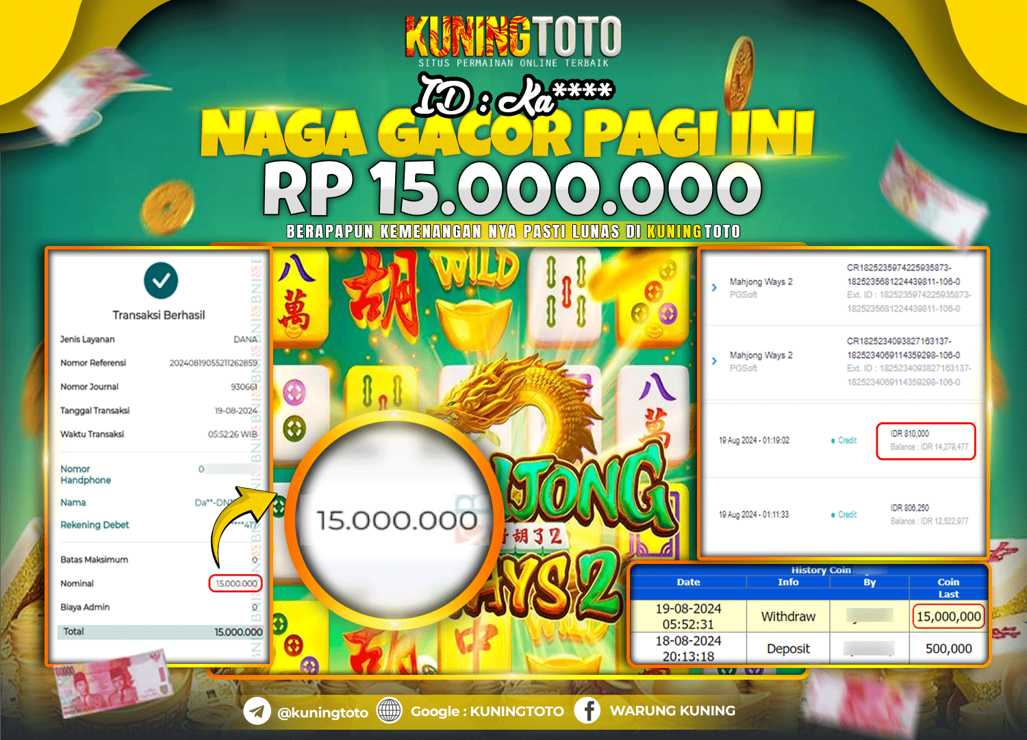 Bukti JP Slot Pgsoft Kuning toto 19 August 2024 Mahjong Ways 2