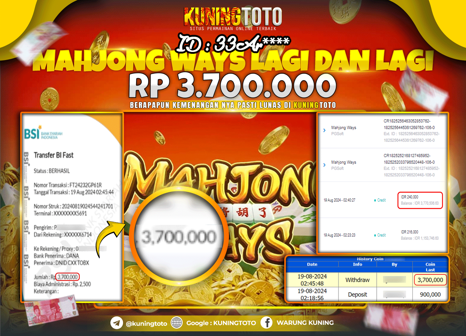 Bukti JP Slot Pgsoft Kuning toto 19 August 2024 Mahjong Ways